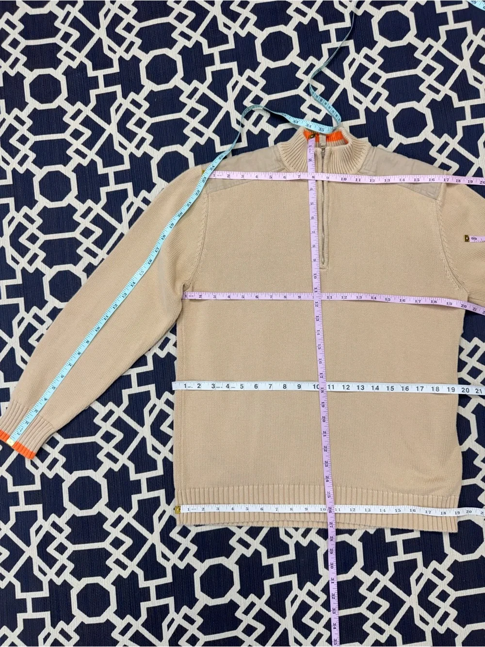 Shanghai Tang Cotton Quarter Zip Sweater Beige Orange Dragon Patch Embroidery